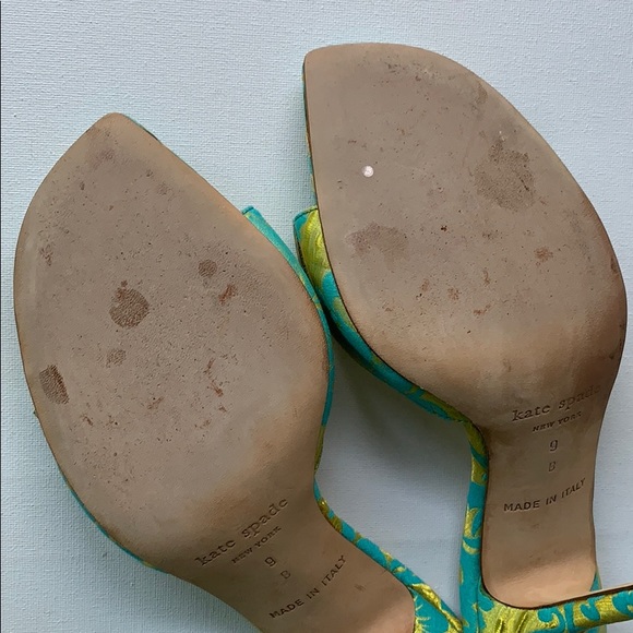 Kate Spade Bow Heel Green Blue Brocade Sandals - Picture 10 of 16